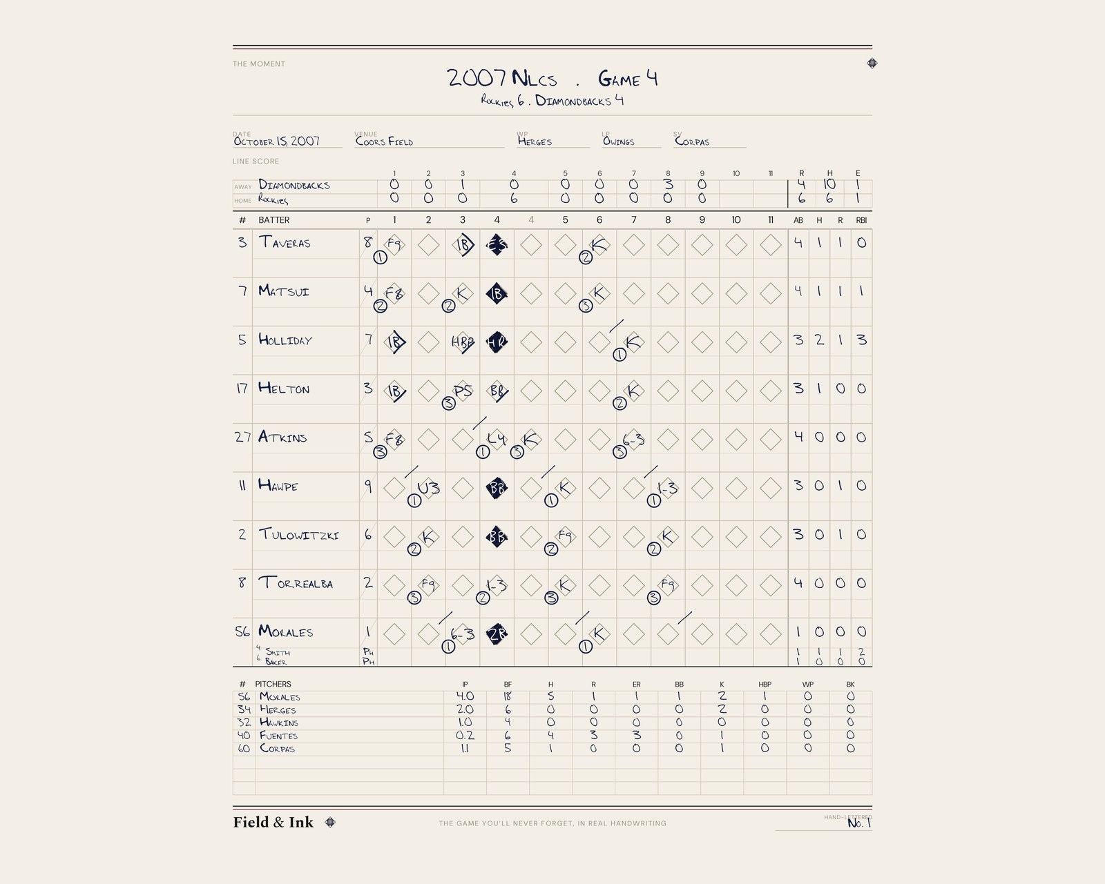 2007 NLCS Game 4 hand-lettered scorecard — Rockies sweep the Diamondbacks, first pennant, Rocktober