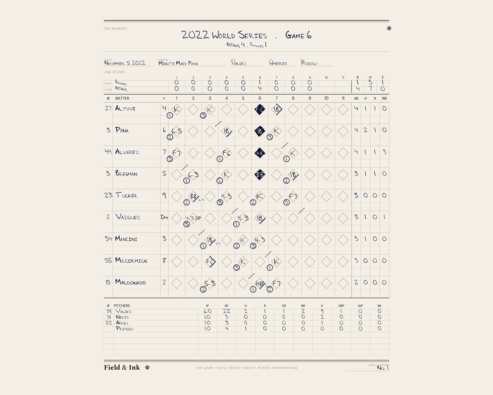 2022 World Series Game 6 hand-lettered scorecard — Astros clinch at Minute Maid Park