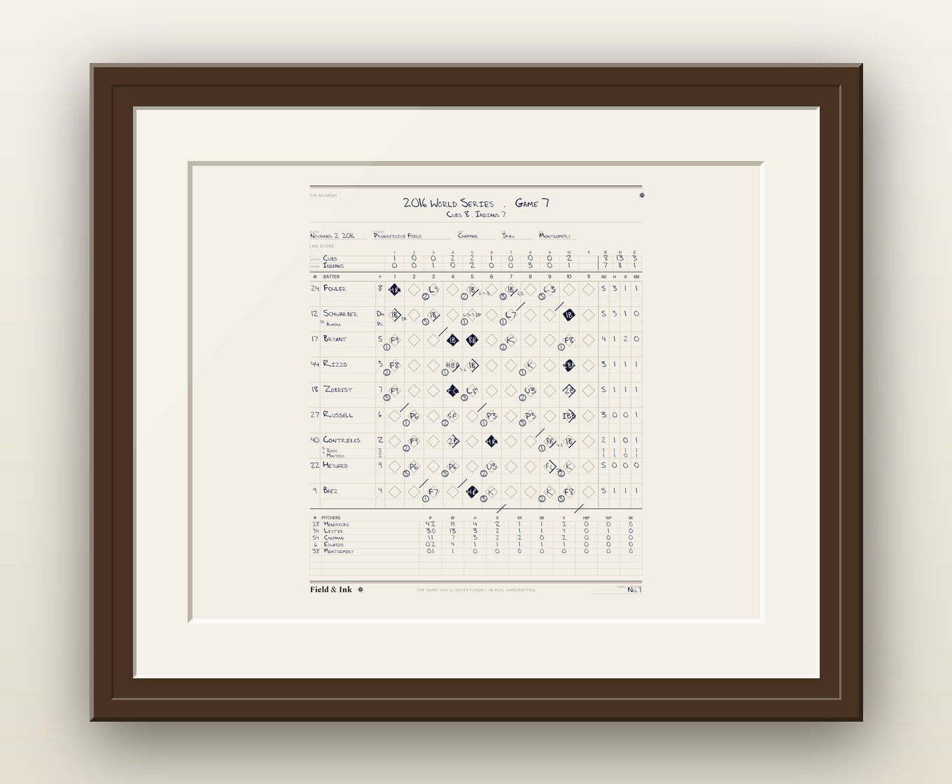 2016 World Series Game 7 scorebook — The Heirloom, matted in a solid-wood frame