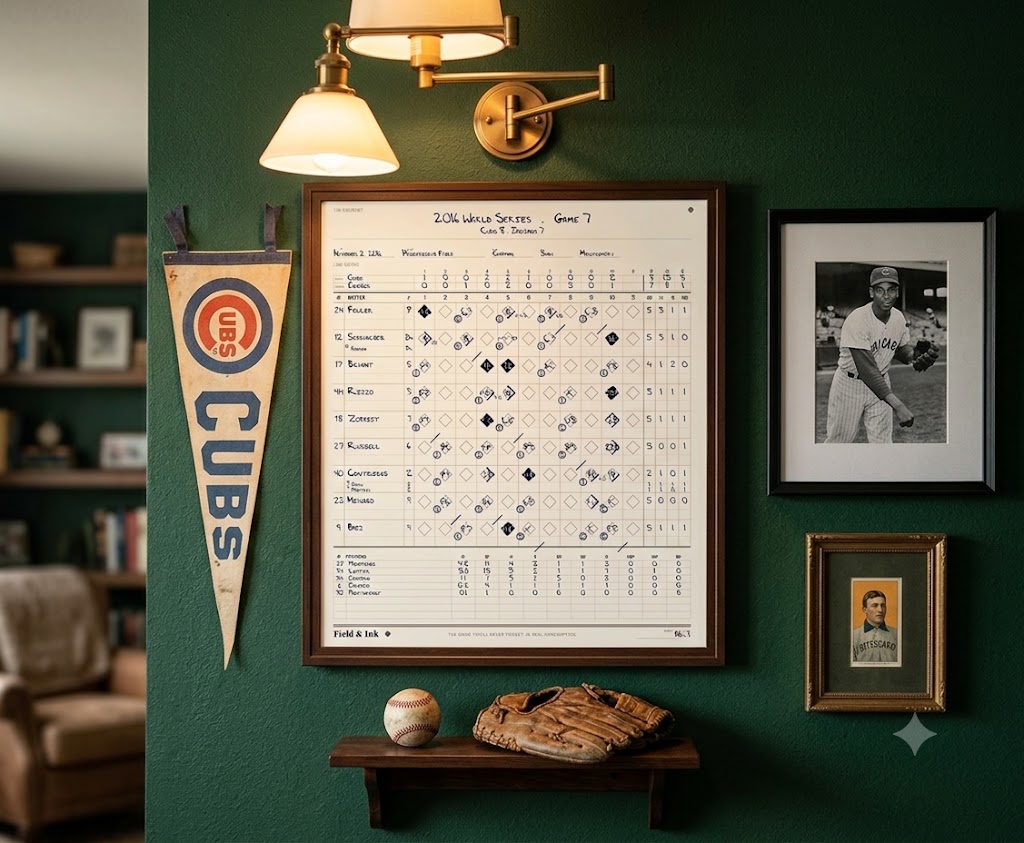 A framed Field & Ink scorecard of the 2016 World Series hung in a study, beside a Cubs pennant