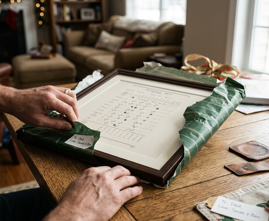 A framed Field & Ink scorecard wrapped as a gift, tagged To Dad
