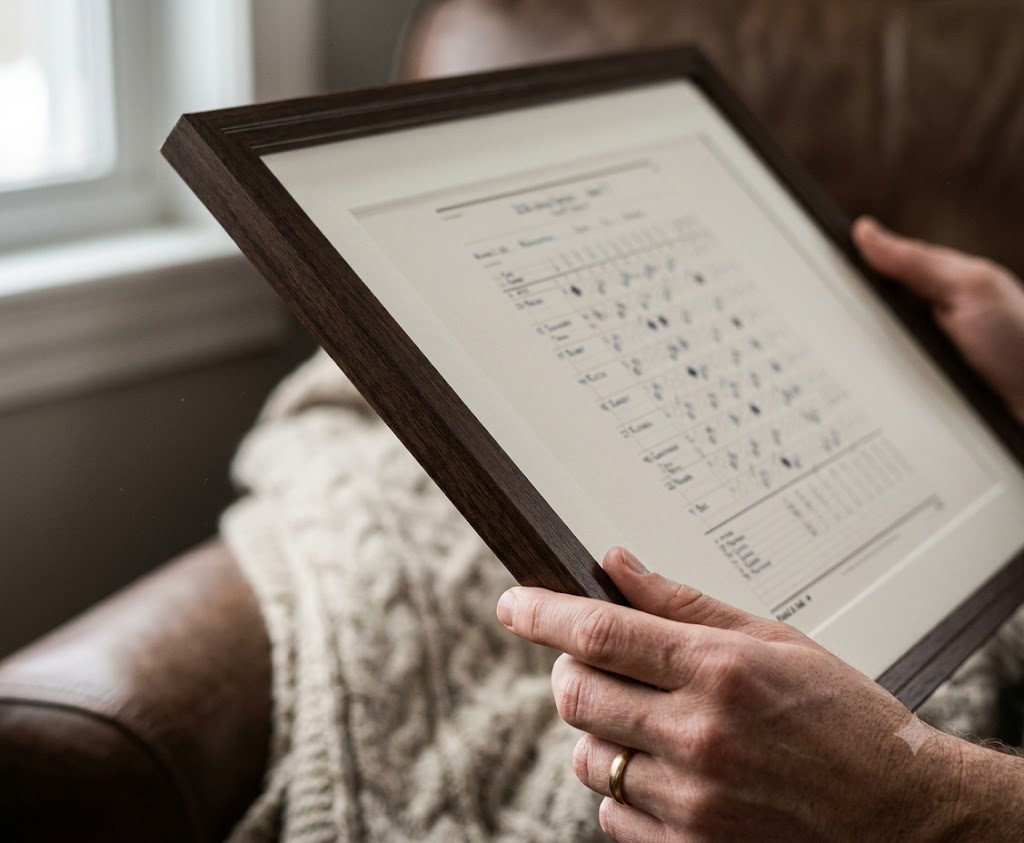 A framed 16×20 Field & Ink scorecard held on a lap, showing its size in hand