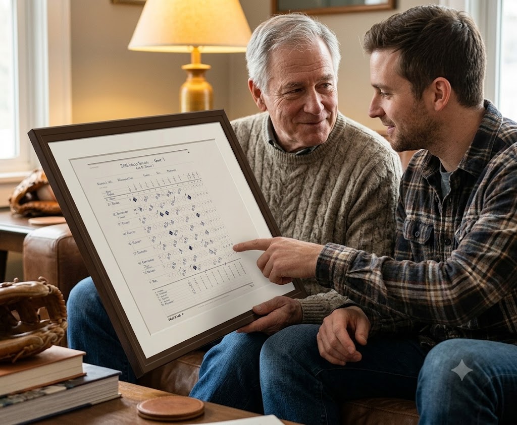 A father and son looking at a framed Field & Ink scorecard together